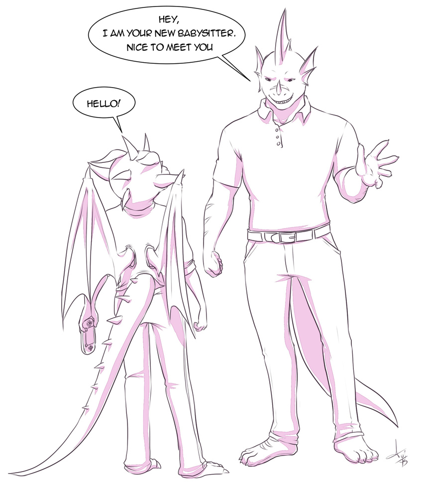 4_toes 5_fingers anthro aogami clothed clothing cub dialogue dragon duo eam ear_fins english_text fin head_fin horn lizeron male pants shirt speech_bubble text toes video_games wings young