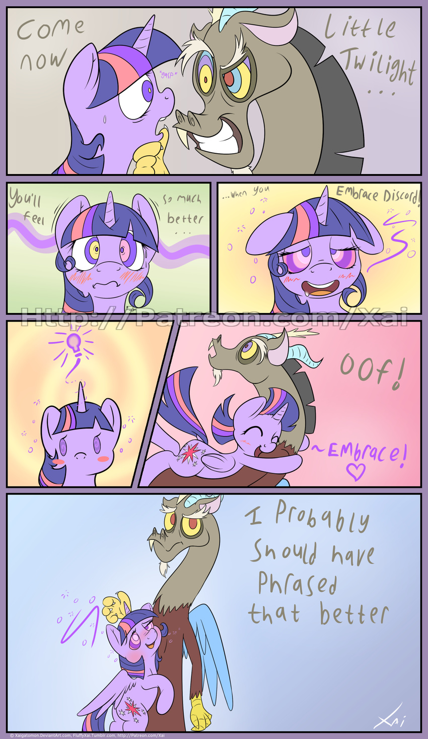 &lt;3 2015 blush comic dialogue discord_(mlp) english_text equine fangs female friendship_is_magic horn hug hypnosis male mammal mind_control my_little_pony text twilight_sparkle_(mlp) winged_unicorn wings xaigatomon