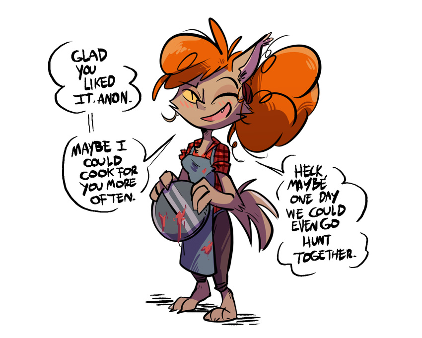 apron blush canine english_text fangs female ghoul_school hair looking_at_viewer mammal orange_hair solo text unknown_artist were werewolf winnie_werewolf