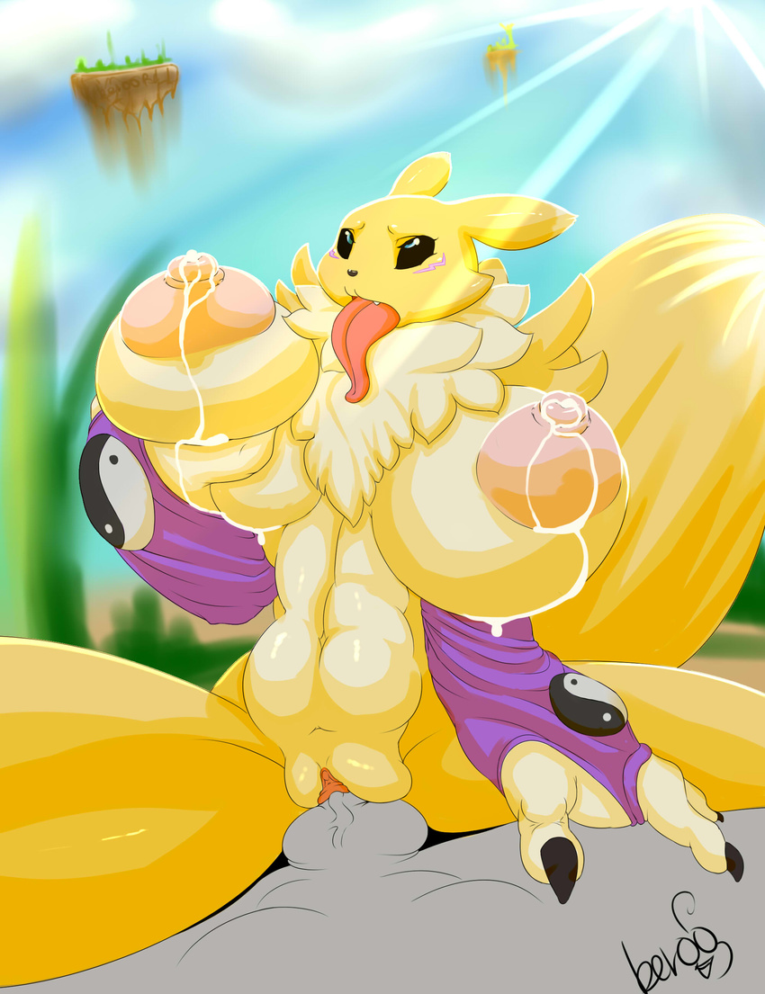 abs ber00_(artist) big_breasts breast_grab breast_squeeze breasts canine chest_tuft claws clothing digimon female fox fur gloves long_tongue male mammal milk nipples penis renamon sex tongue tongue_out tuft vaginal vein