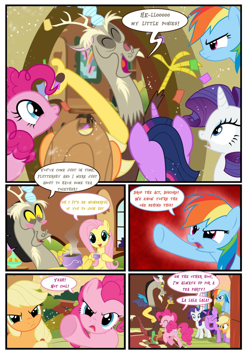 2014 applejack_(mlp) beverage comic cup dialogue discord_(mlp) draconequus english_text equine female fluttershy_(mlp) food friendship_is_magic horn horse luke262 male mammal my_little_pony pegasus pinkie_pie_(mlp) pony rainbow_dash_(mlp) rarity_(mlp) tea tea_cup text twilight_sparkle_(mlp) unicorn winged_unicorn wings