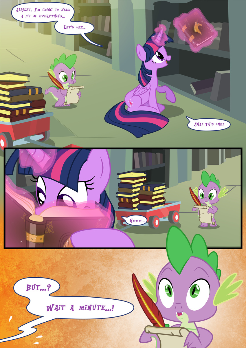 2014 comic dialogue dragon english_text equine feathers female friendship_is_magic glowing horn loose_feather luke262 magic male mammal my_little_pony quill spike_(mlp) text twilight_sparkle_(mlp) wagon winged_unicorn wings writing