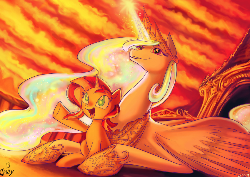 2015 blue_eyes crown duo equestria_girls equine female friendship_is_magic glowing horn jowybean magic mammal my_little_pony princess_celestia_(mlp) sparkles sunset sunset_shimmer_(eg) unicorn winged_unicorn wings young