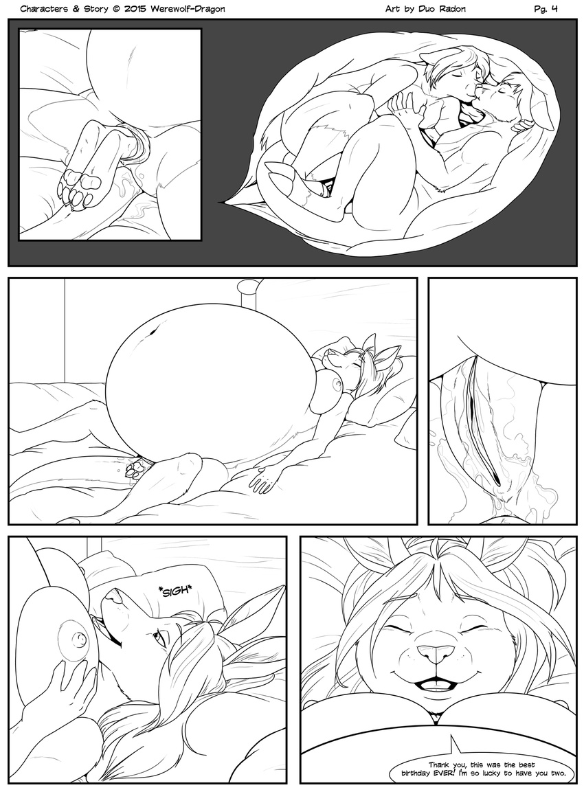 2015 anthro areola bed belly big_belly breasts canine claws close-up comic dialogue duo duo_radon english_text eyes_closed female female/female fur hair half-closed_eyes hand_on_breast hi_res hyper hyper_belly inside internal interspecies kangaroo kissing long_hair male male/female mammal marsupial molly monochrome navel nipples nude pillow pregnant pussy pussy_juice raised_tail smile speech_bubble spread_legs spreading text toe_claws unbirthing vore werewolf_dragon