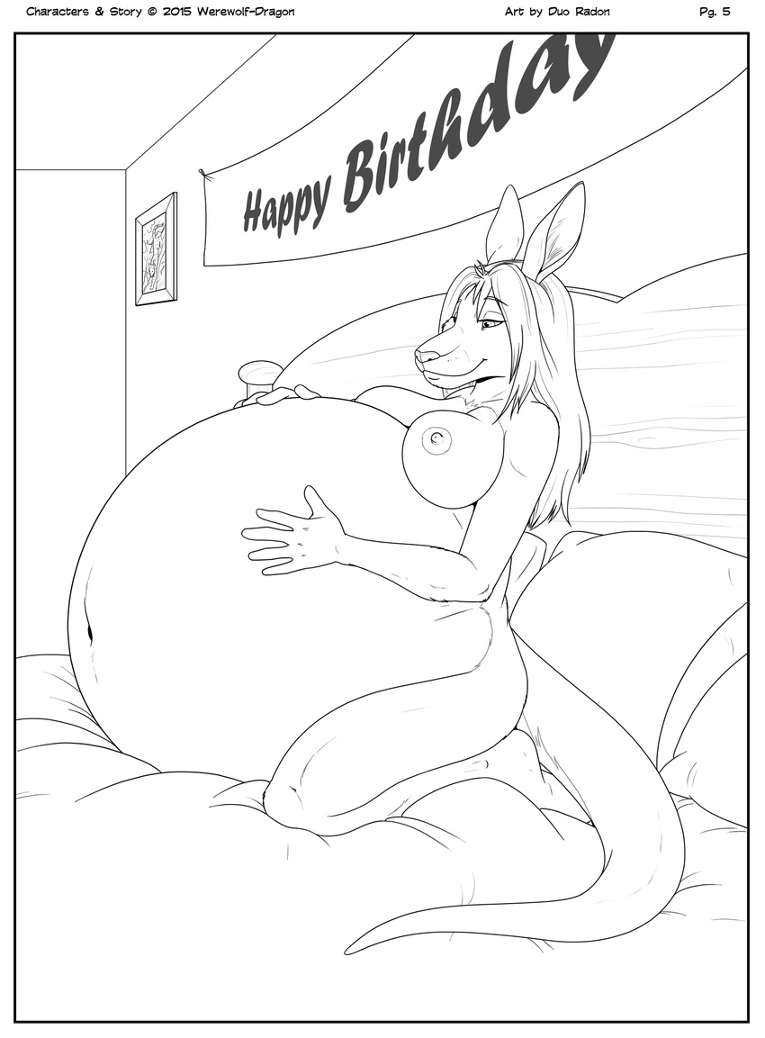 2015 anthro areola bed belly big_belly big_breasts breasts comic duo_radon english_text female fur hair half-closed_eyes hand_on_belly hyper hyper_belly inside kangaroo kneeling long_hair mammal marsupial molly monochrome navel nipples nude pillow post_vore pregnant smile solo text unbirthing vore werewolf_dragon