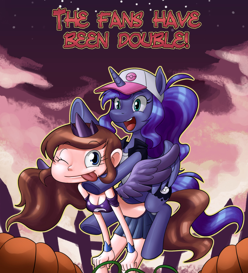 :d alissa blue_eyes breasts cleavage clothed clothing crossover crown cutie_mark dialogue duo equine female fence feral friendship_is_magic halloween hat holidays horn horse human looking_at_viewer mammal my_little_pony nauthleroy nintendo pok&eacute;mon pony princess_luna_(mlp) pumpkin skirt tongue tongue_out video_games winged_unicorn wings
