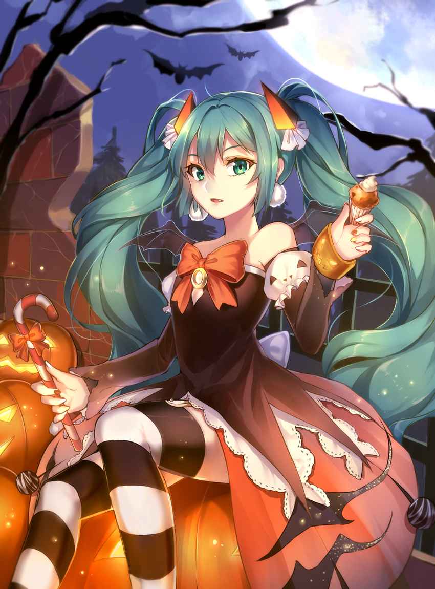 aqua_eyes aqua_hair bangs bare_shoulders bat bat_wings black_dress bow brick_wall candy candy_cane cupcake detached_sleeves dress fang food green_eyes hair_ornament halloween hatsune_miku highres holding holding_food jack-o'-lantern light_particles long_hair long_sleeves looking_at_viewer moon nail_polish night night_sky orange_bow orange_nails parted_lips pumpkin qingshui_ai ruins sitting sky solo strapless strapless_dress striped striped_legwear sweets thighhighs twintails very_long_hair vocaloid wall white_nails wings yellow_nails