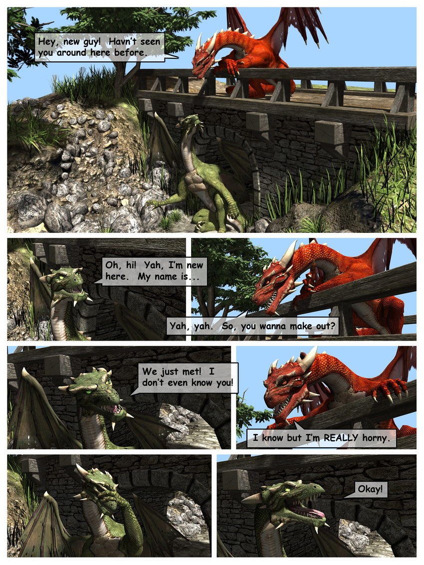 3d 4_fingers 4_toes bridge cgi claws comic dialogue digital_media_(artwork) dragon duo english_text facepalm feral green_body green_eyes hi_res horn male red_body red_eyes scales scalie slit_pupils spikes text toes tongue tongue_out tree water western_dragon wings wooky