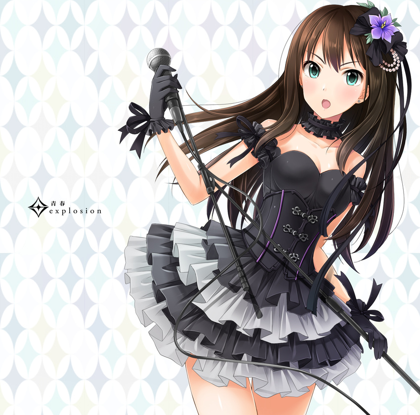 bare_shoulders black_gothic_dress_(idolmaster) breasts brown_hair flower french_maid gloves green_eyes hair_flower hair_ornament highres idolmaster idolmaster_cinderella_girls long_hair looking_at_viewer medium_breasts microphone open_mouth shibuya_rin solo