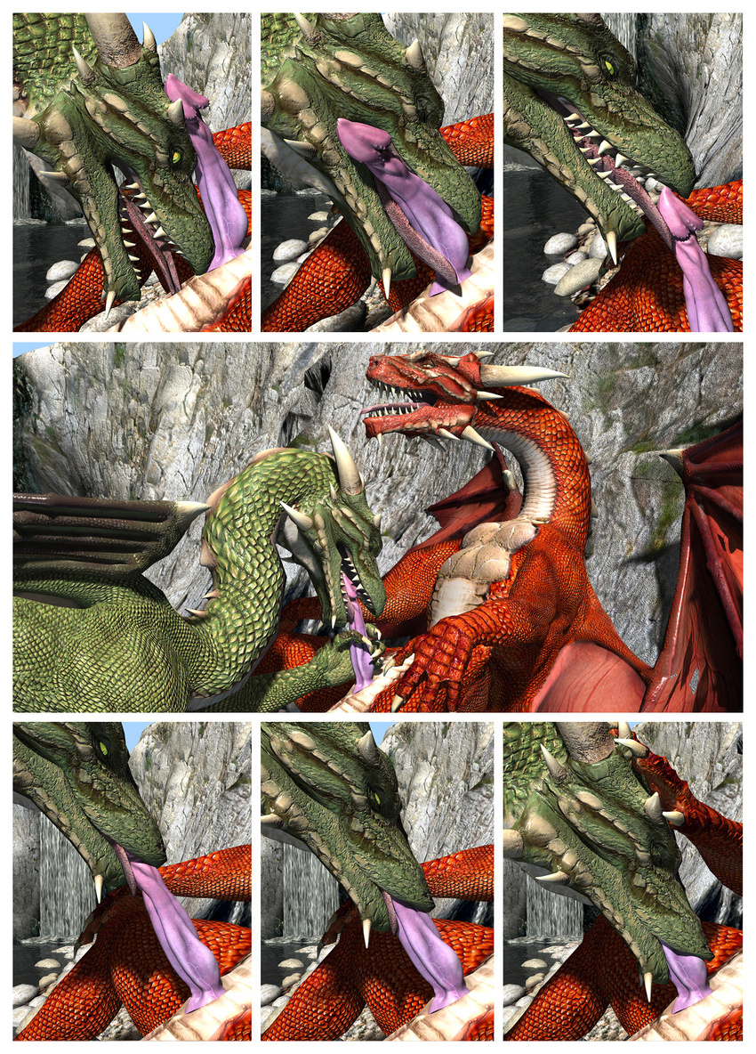 3d 4_fingers anal animal_genitalia anus bridge cgi claws comic dialogue digital_media_(artwork) dragon duo english_text erection eyes_closed feral genital_slit green_body green_eyes hi_res horn licking looking_pleasured male male/male oral penis red_body rimming scales scalie sex slit slit_pupils spikes sucking text tongue tongue_out tree vein veiny_penis water western_dragon wings wooky yellow_eyes