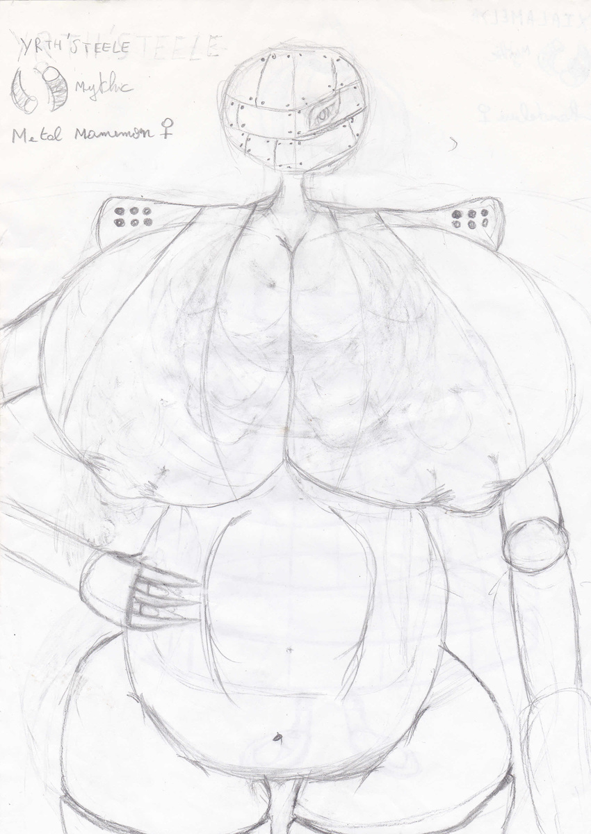 anthro big_breasts breasts chubby clothed clothing digimon english_text female huge_breasts looking_at_viewer metalmamemon mythicswords sketch text yrth'steele