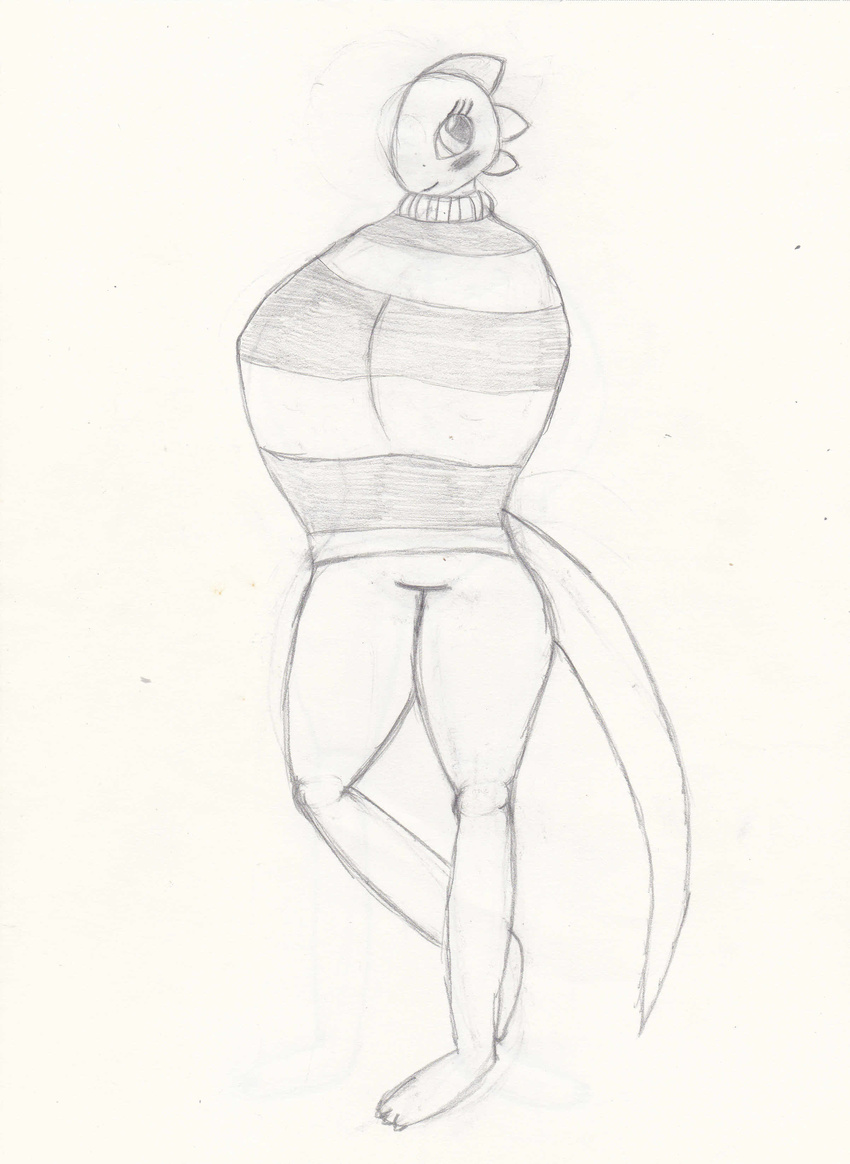 anthro big_breasts blush bottomless breasts clothed clothing female half-dressed huge_breasts monochrome monster monster_kid mythicswords partially_clothed sketch undertale video_games