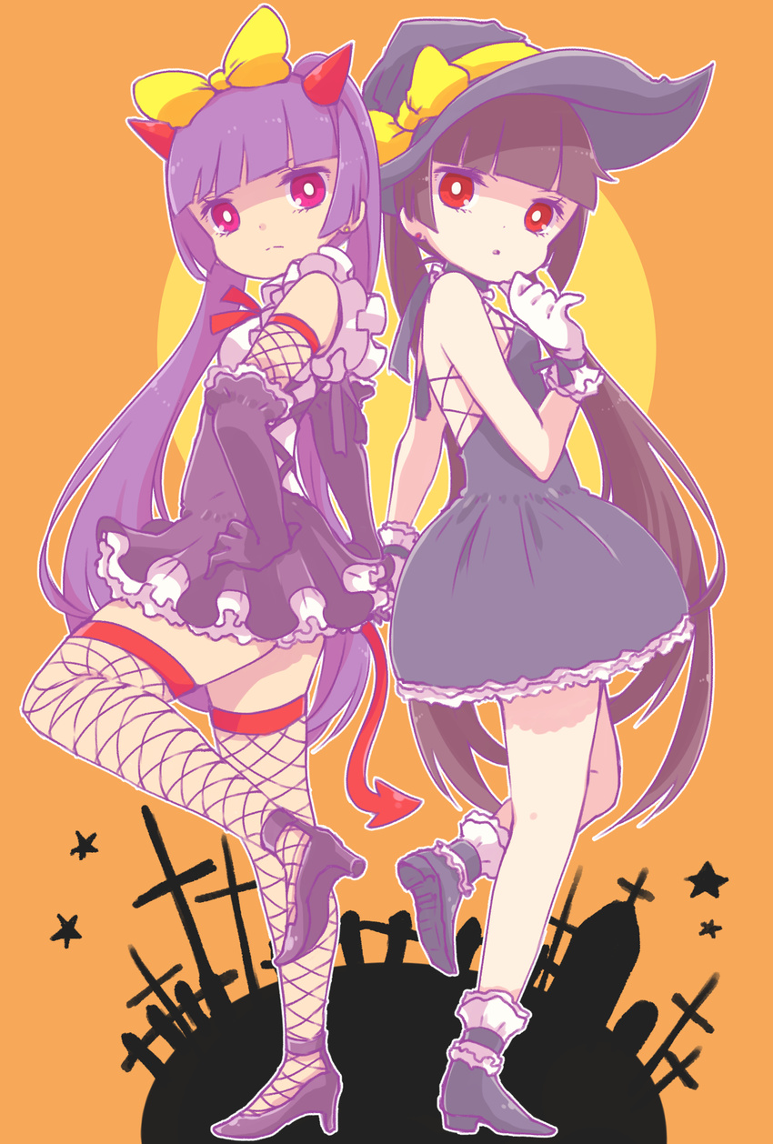 black_hair bow dress earrings elbow_gloves fishnet_legwear fishnets gloves hair_bow hat high_heels highres jewelry long_hair multiple_girls pikomarie purple_eyes purple_hair puzzle_&amp;_dragons red_eyes thighhighs twintails witch_hat yomi_(p&amp;d) zettai_ryouiki