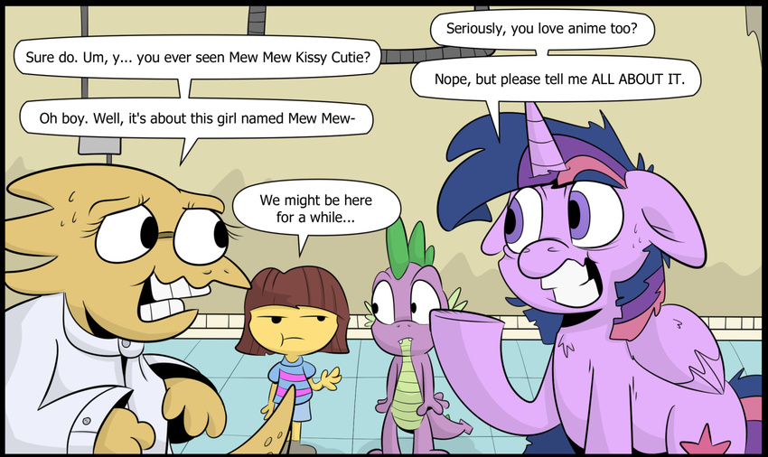 alphys anime brown_hair clothing crazy_face crossover cute cutie_mark dialogue dragon equine feral friendship_is_magic frisk frisk_(undertale) hair horn horse human jittery-the-dragon mammal multicolored_hair my_little_pony nerd pony spike_(mlp) twilight_sparkle_(mlp) two_tone_hair undertale video_games winged_unicorn wings