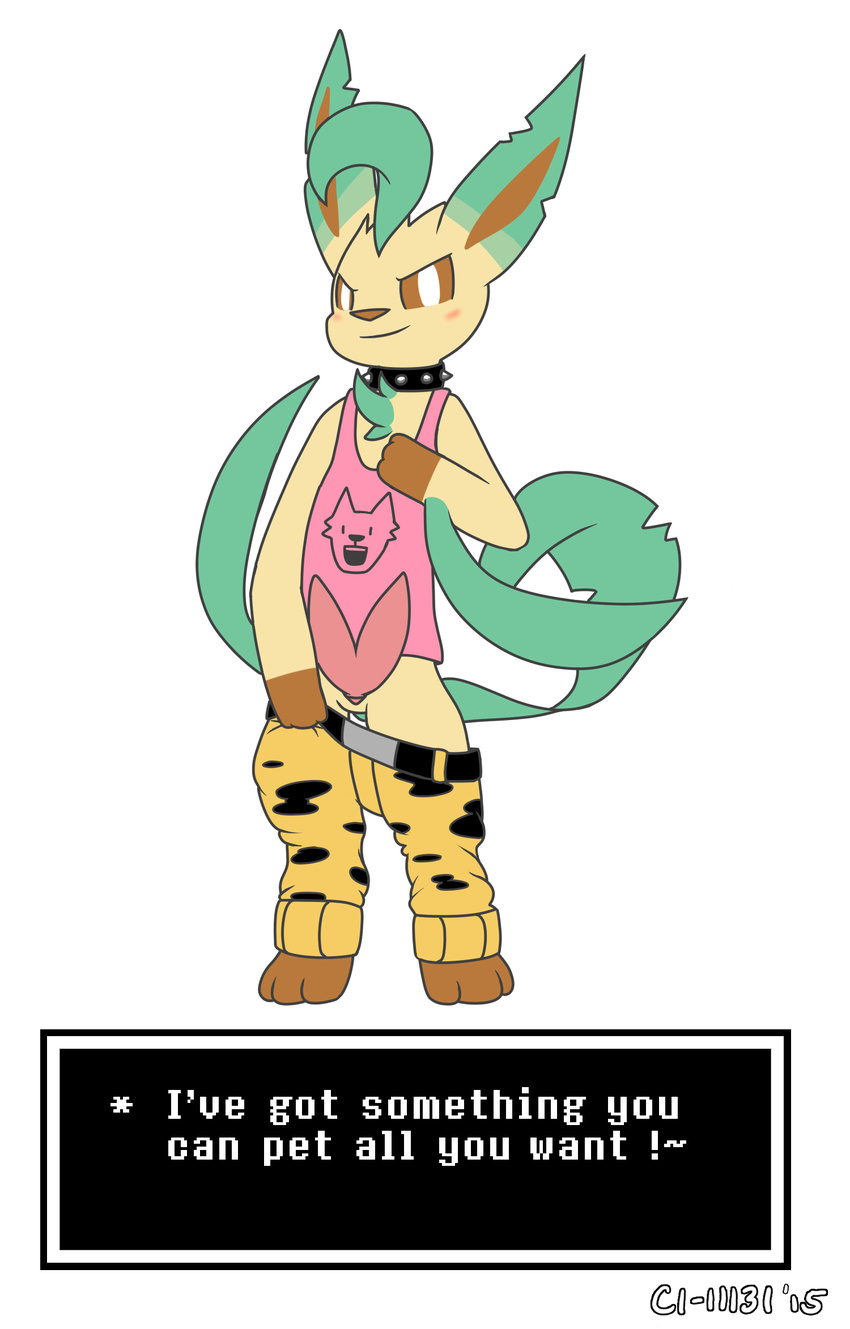 2015 animal_genitalia anthro blush c1-11131 chibi_leafeon clothed clothing cosplay costume crossover eeveelution english_text erection hemipenes leafeon looking_at_viewer male multi_penis nintendo penis pok&eacute;mon smile solo text undertale video_games
