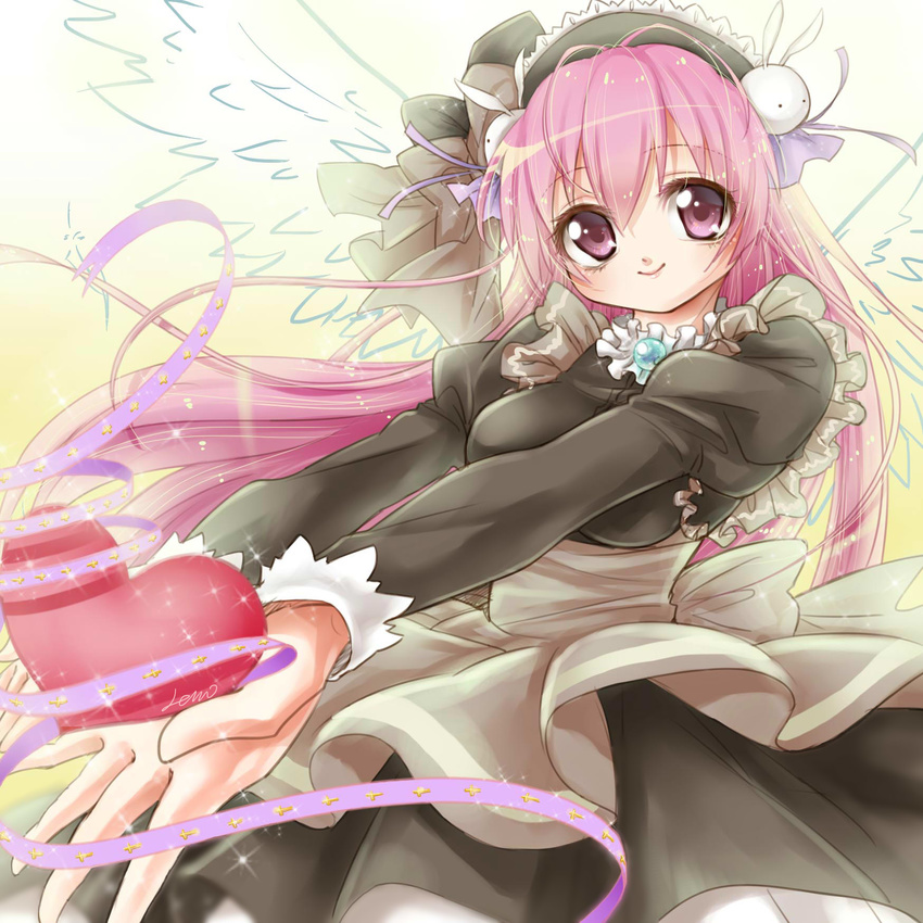 black_dress bunny_hair_ornament dress frills hair_ornament heart highres juliet_sleeves leno^a^ long_hair long_sleeves looking_at_viewer misha_(pita_ten) outstretched_arms outstretched_hand petticoat pink_eyes pink_hair pita_ten puffy_long_sleeves puffy_sleeves purple_eyes purple_ribbon ribbon signature smile solo sparkle very_long_hair wings