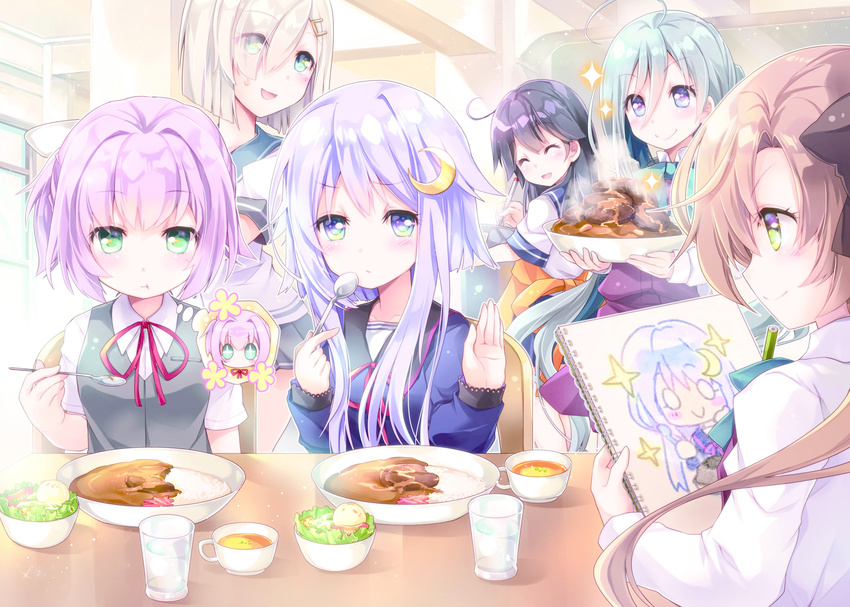 6+girls :t ^_^ absurdres ahoge akigumo_(kantai_collection) apron aqua_eyes ayuya_naka_no_hito bangs black_hair blue_eyes bow bowtie brown_hair chair closed_eyes commentary_request crescent crescent_hair_ornament cup curry curry_rice drawing eating eyes_visible_through_hair food green_eyes hair_ornament hair_over_one_eye hair_ribbon hairclip hamakaze_(kantai_collection) highres holding holding_spoon kantai_collection kiyoshimo_(kantai_collection) long_hair long_sleeves multiple_girls open_mouth pencil pink_hair pleated_skirt ponytail purple_hair red_ribbon ribbon rice salad school_uniform serafuku shiranui_(kantai_collection) shirt short_hair short_hair_with_long_locks silver_hair sitting sketchbook skirt smile sparkle spoon symbol-shaped_pupils table thought_bubble ushio_(kantai_collection) vest white_shirt yayoi_(kantai_collection)