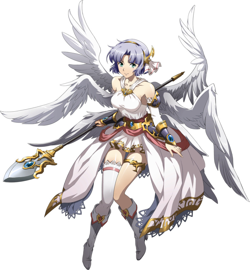 1girl angel_wings asymmetrical_legwear bare_shoulders blue_eyes boots closed_mouth collarbone detached_sleeves dress feathered_wings full_body hair_intakes hairband highres holding holding_polearm holding_weapon knee_boots langrisser langrisser_ii long_sleeves looking_at_viewer official_art pleated_dress polearm sherry_(langrisser) shiny shiny_hair short_dress short_hair silver_hair single_thighhigh sleeveless sleeveless_dress smile solo thighhighs thighlet transparent_background waist_cape weapon white_dress white_footwear white_legwear white_sleeves white_wings wings yellow_hairband