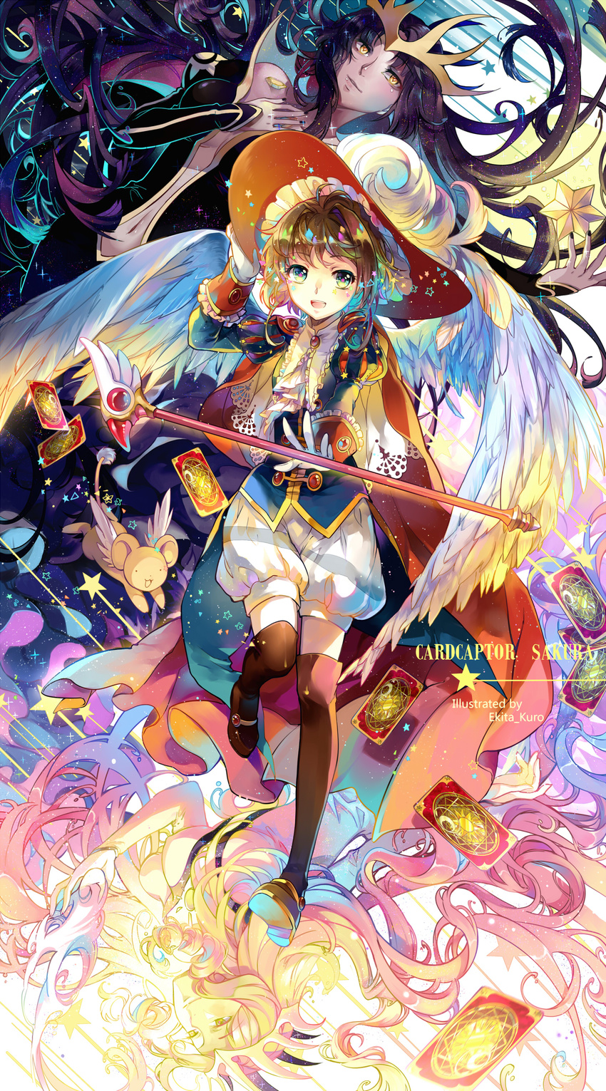 :3 :d absurdres artist_name bad_id bad_pixiv_id bangs bare_shoulders black_hair black_nails blonde_hair blue_hair boots brooch brown_hair cardcaptor_sakura clow_card copyright_name crown dark_(clow_card) ekita_xuan facial_mark feathered_wings floating_card frills fuuin_no_tsue gem green_eyes hand_on_headwear hat hat_feather heart highres jewelry juliet_sleeves kero kinomoto_sakura knee_boots light_(clow_card) lipstick long_hair long_sleeves magical_girl makeup multiple_girls nail_polish navel navel_cutout open_mouth outstretched_arm pink_hair puffy_sleeves short_hair shorts smile star star-shaped_pupils symbol-shaped_pupils very_long_hair white_background white_hair white_wings wings
