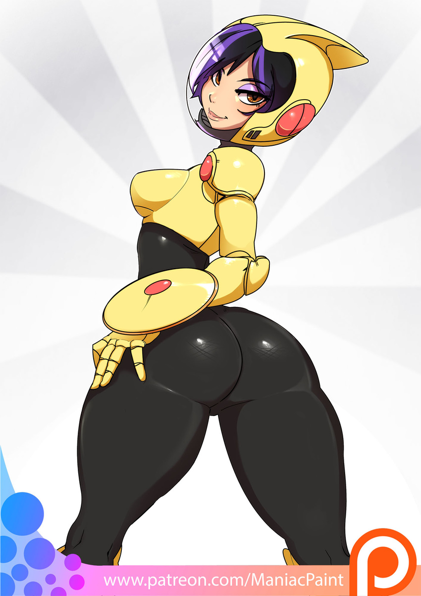 armor ass big_hero_6 black_hair bodysuit breasts brown_eyes collaboration cowboy_shot eyeshadow from_behind gogo_tomago hand_on_hip helmet highres lips looking_back makeup maniacpaint medium_breasts multicolored_hair oddmachine patreon_logo patreon_username purple_hair short_hair skin_tight smile solo superhero thick_thighs thighs two-tone_hair watermark web_address