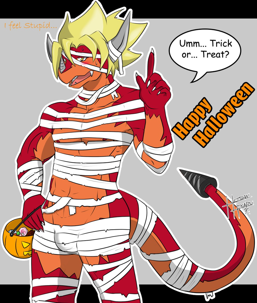 abs anthro blush bulge clothed clothing dialogue dragon drum_(buddyfight) drum_bunker_dragon english_text front_view halloween heibanhikaru holidays letterbox male nipples open_mouth pecs scalie signature skimpy solo speech_bubble standing talking_to_viewer text tone