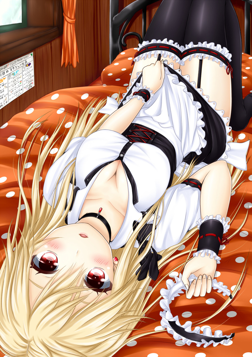 bangs bed black_legwear blonde_hair blush breasts buttons choker collarbone curtains downblouse dress dress_tug dutch_angle earrings frilled_dress frilled_hairband frilled_legwear frills garter_straps hair_between_eyes hairband hairband_removed heart heart_earrings highres indoors jewelry long_hair looking_at_viewer lying maid maid_headdress md5_mismatch medium_breasts moe2015 on_back oosato_haya open_mouth original parted_lips pendant pillow polka_dot polka_dot_pillow red_eyes ribbon-trimmed_legwear ribbon_trim schedule short_sleeves solo thighhighs windowsill wooden_wall wrist_cuffs