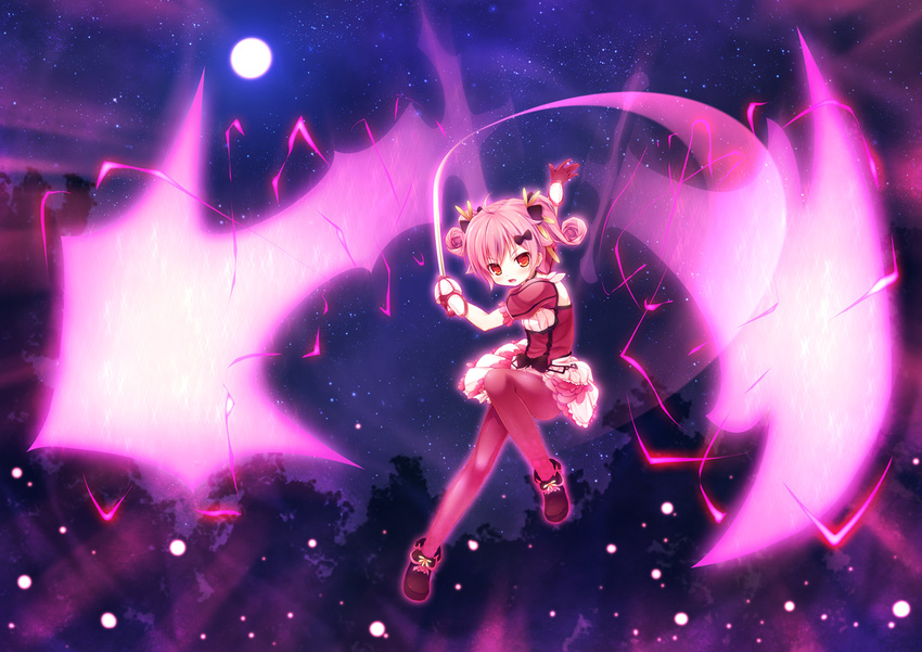 action bangs black_bow boots bow commentary daisy_(flower_knight_girl) floating flower_knight_girl gloves hair_bow hair_ornament holding holding_sword holding_weapon long_hair looking_at_viewer magic moon night night_sky pantyhose pink_gloves pink_hair pink_legwear red_eyes short_sleeves sky solo star_(sky) sword tree twintails weapon yuku_(kiollion)