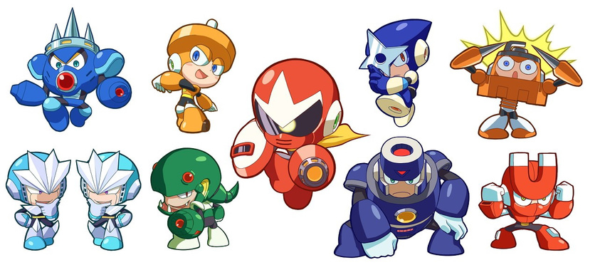 blues_(rockman) breakman chibi clone geminiman hardman kin_niku magnetman multiple_boys needleman robot rockman rockman_(classic) rockman_3 shadowman siblings snakeman sparkman topman twins