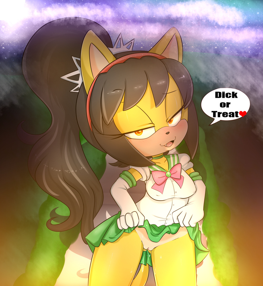 2015 anthro bedroom_eyes blush bottomless breasts cat clitoris clothed clothing erect_nipples feline female fur gloves hair half-closed_eyes half-dressed hearlesssoul honey_the_cat looking_at_viewer mammal nipples open_mouth orange_eyes presenting presenting_pussy pussy pussy_juice skirt skirt_lift solo sonic_(series) tongue white_fur yellow_fur