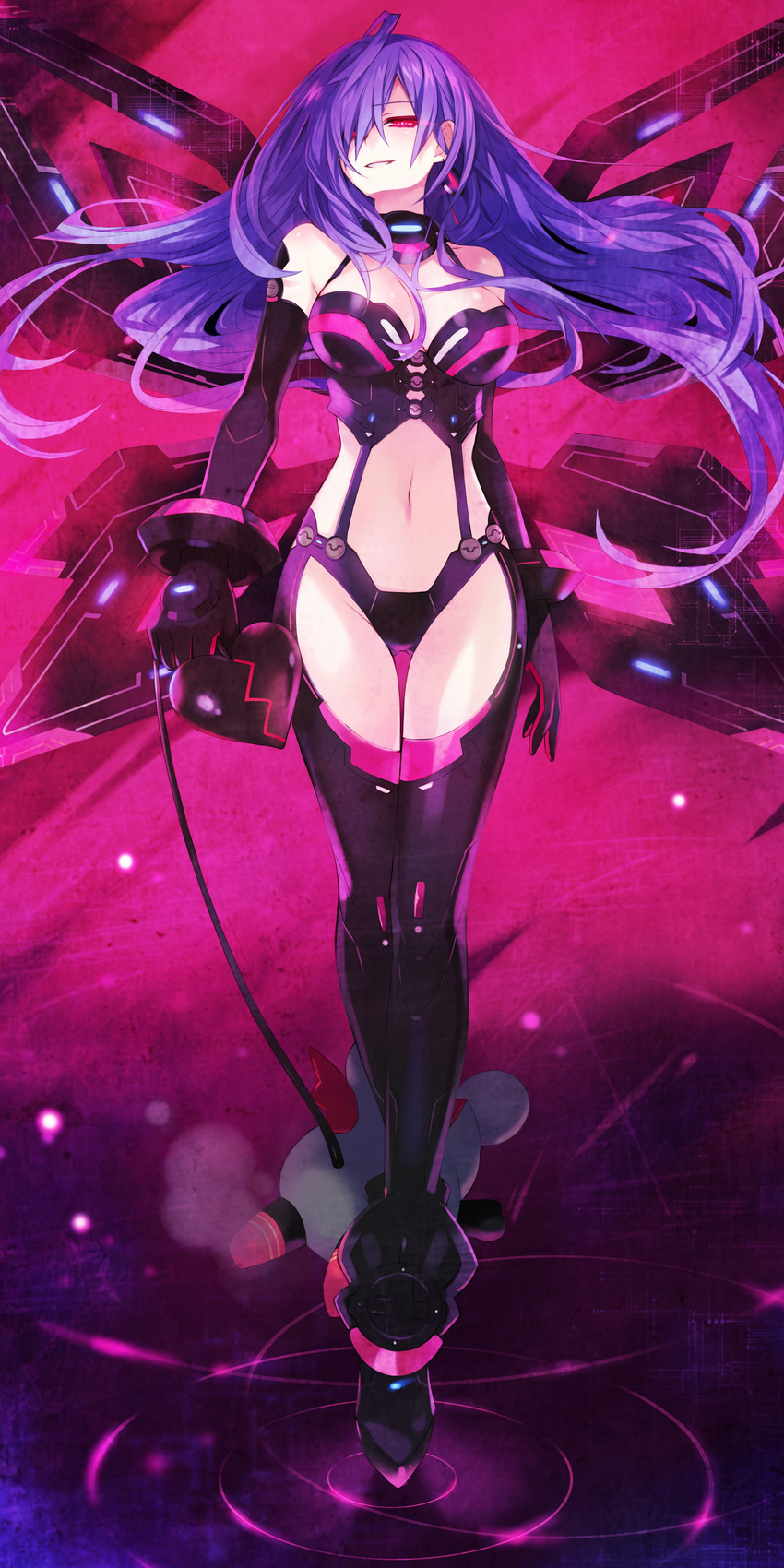absurdres bare_shoulders black_gloves boots breasts dominatrix earrings elbow_gloves game_cg gloves hair_over_one_eye heart highres holding iris_heart jewelry kami_jigen_game_neptune_v large_breasts light_trail logo long_hair looking_at_viewer midriff navel neptune_(series) non-web_source official_art purple_hair red_eyes ripples smirk standing thigh_boots thigh_gap thighhighs tsunako very_long_hair warechu wings