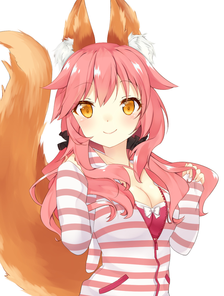 akino_(1i1i1i1i) animal_ears bare_shoulders blush bra breasts cleavage fate/extra fate_(series) fox_ears fox_tail hair_ribbon highres long_hair looking_at_viewer medium_breasts pink_bra pink_hair ribbon simple_background solo tail tamamo_(fate)_(all) tamamo_no_mae_(fate) twintails underwear white_background yellow_eyes