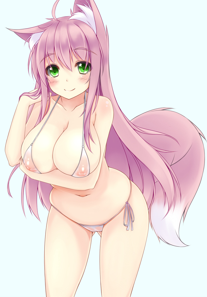 animal_ear_fluff animal_ears bikini breast_hold breasts cleavage covered_nipples eyebrows_visible_through_hair fox_ears fox_tail green_eyes highres large_breasts looking_at_viewer micro_bikini navel nipples original pink_hair revision see-through side-tie_bikini sogaya solo swimsuit tail