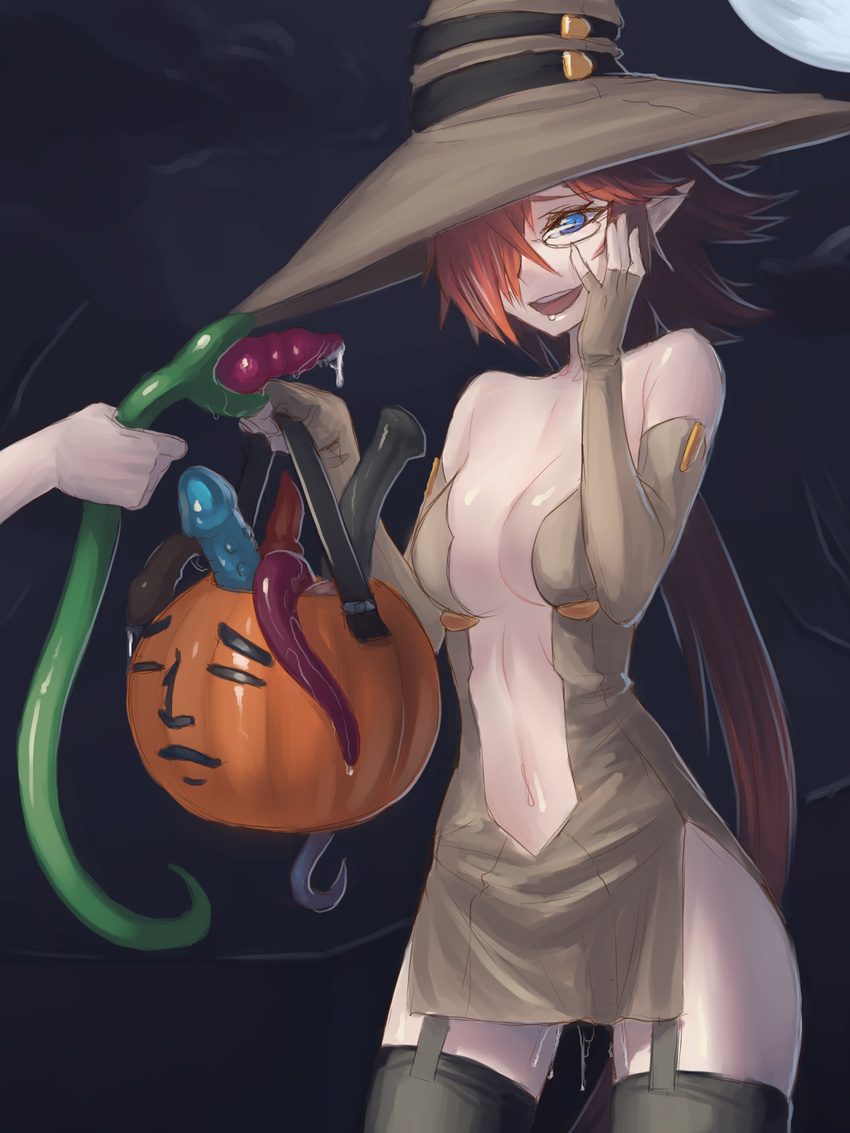 bare_shoulders blue_eyes breasts center_opening cleavage commentary consensual_tentacles dildo dress elbow_gloves fingerless_gloves full_moon garter_straps glasses gloves hair_over_one_eye halloween hand_on_own_face hat highres horse_dildo impossible_clothes impossible_dress jack-o'-lantern jiffic long_hair low_ponytail medium_breasts moon navel no_panties orange_hair original pointy_ears pussy_juice shaea_(jiffic) slime smile solo strapless strapless_dress tentacles thighhighs trick_or_treat witch_hat yaranaika