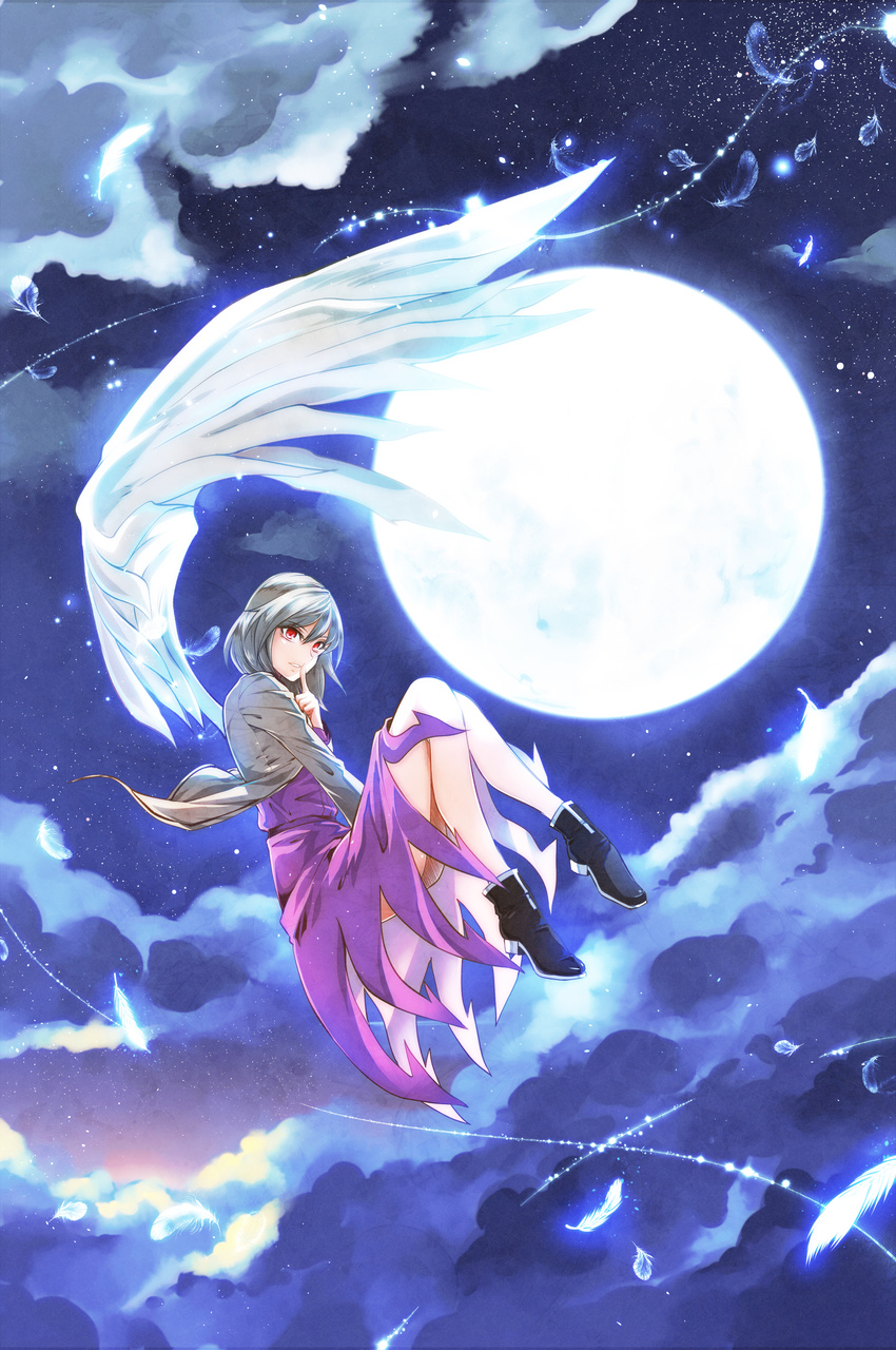 absurdres angel_wings black_footwear blue_moon blue_wings boots brown_jacket cloud dress feathers finger_to_mouth floating full_moon glowing glowing_feather glowing_wings grey_wings grin highres horizon jacket kakao_(noise-111) kishin_sagume legs light_trail looking_afar moon night night_sky purple_dress red_eyes short_hair single_wing sky smile solo space star_(sky) starry_sky sunlight thighs touhou wings