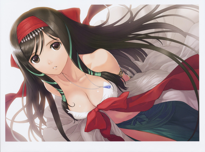 absurdres arms_behind_back black_hair breasts brown_eyes cleavage from_above hair_ribbon highres jewelry kaguya_(shining_hearts) large_breasts long_hair midriff necklace ribbon shining_(series) shining_hearts shining_world solo tanaka_takayuki