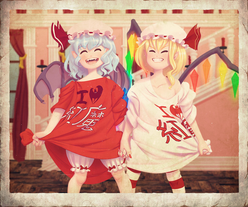 bat_wings blonde_hair bloomers blue_hair blurry blush border clothes_writing crystal depth_of_field fangs flandre_scarlet grin hat hat_ribbon holding_hands mob_cap multiple_girls nail_polish off_shoulder open_mouth oversized_clothes pantyhose pointy_ears remilia_scarlet ribbon shirt shirt_lift short_hair short_sleeves siblings side_ponytail sisters smile soumakyo striped striped_legwear t-shirt touhou underwear wings