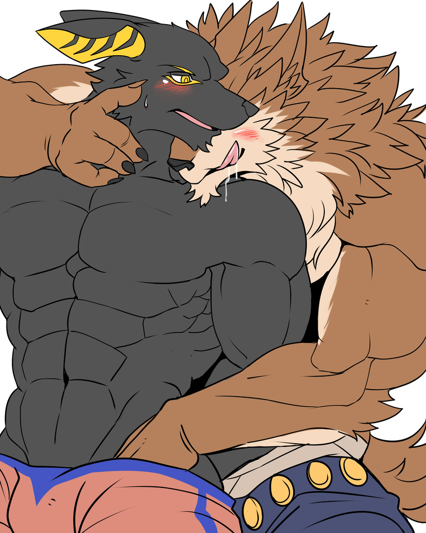 abs absurd_res anubis blush canine clothing deity duo fkfkfk3674 grope hi_res male male/male mammal muscular pad pants pecs puzzle_and_dragond set simple_background underwear white_background