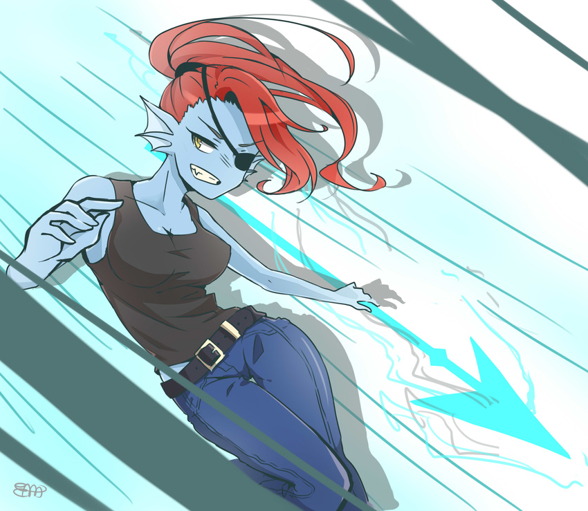 arrow bare_shoulders belt big_cat_shan black_shirt blue_skin casual collarbone denim energy_spear energy_weapon eyepatch fins head_fins highres jeans monster_girl pants polearm ponytail red_hair shirt sleeveless solo spear tank_top thigh_gap undertale undyne weapon yellow_eyes