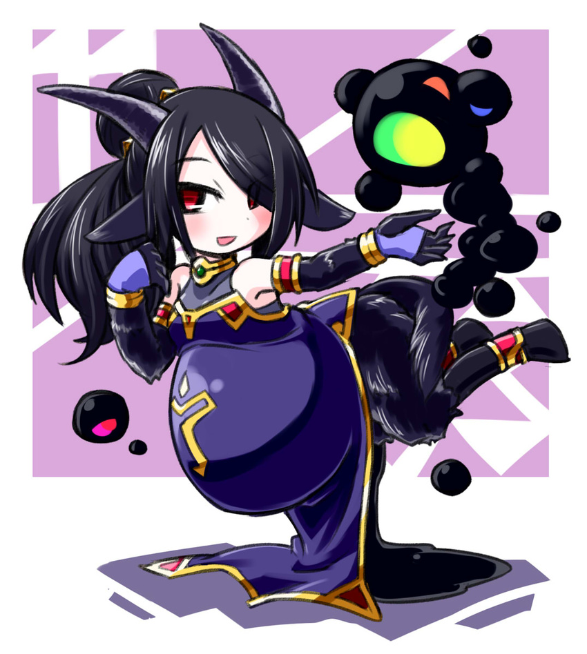 animal_ears black_hair commentary_request cthulhu_mythos elbow_gloves floating gloves goat_ears goat_horns hair_ornament highres hooves kugelschreiber personification pregnant red_eyes short_hair shub-niggurath smile tail