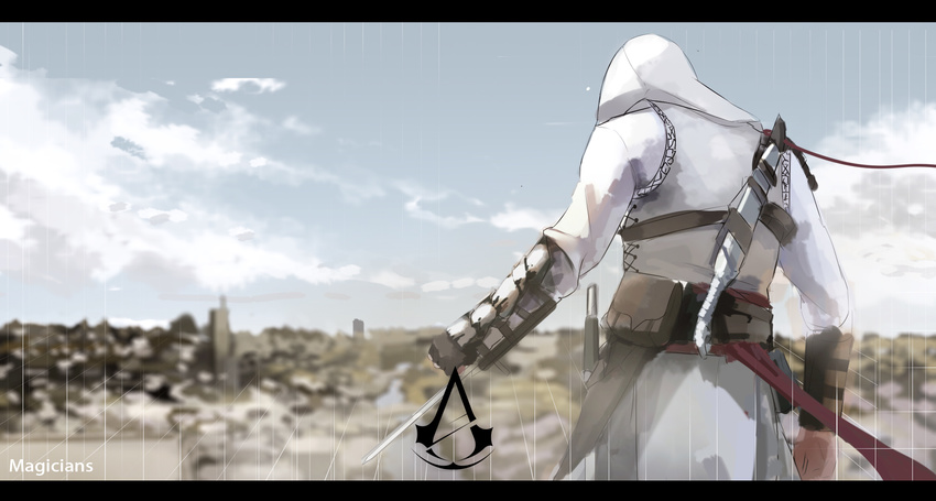 altair_ibn_la-ahad artist_name assassin's_creed assassin's_creed_(series) back bad_id bad_pixiv_id blade bracer clenched_hand cloud day hidden_blade highres hood magicians_(zhkahogigzkh) male_focus sky solo sword weapon