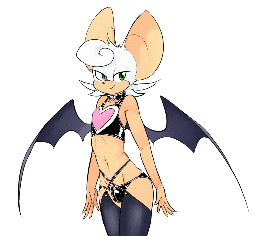 &lt;3 2015 alpha_channel anthro bat bat_wings bulge clothed clothing collar crossgender front_view girly green_eyes hair half-closed_eyes legwear looking_at_viewer male mammal navel rouge_the_bat rubber shirt simple_background skimpy smirk solo sonic_(series) sparkydb standing tank_top thigh_highs thong three-quarter_portrait transparent_background white_hair wings zipper