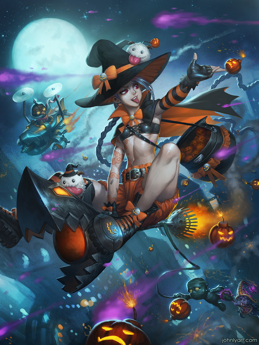 2girls :p amumu bag bandages blue_hair bomb bow broom broom_riding corki facial_hair fingerless_gloves flat_chest flying gloves goggles hat hat_bow hat_ribbon highres jack-o'-lantern jinx_(league_of_legends) league_of_legends lulu_(league_of_legends) md5_mismatch midriff moon multiple_boys multiple_girls mustache navel night night_sky poro_(league_of_legends) propeller red_eyes ribbon shoes sky speh thighs tongue tongue_out watermark web_address witch_hat