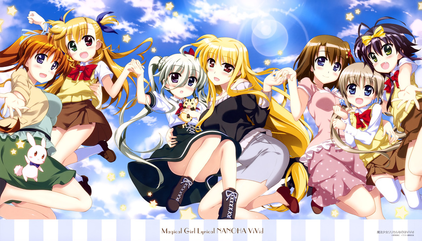 absurdres asteion convenient_leg corona_timir einhart_stratos fate_testarossa fujima_takuya highres lyrical_nanoha mahou_shoujo_lyrical_nanoha_vivid multiple_girls official_art rio_wezley sacred_heart scan school_uniform side_ponytail st._hilde_academy_of_magic_uniform takamachi_nanoha vivio yagami_hayate