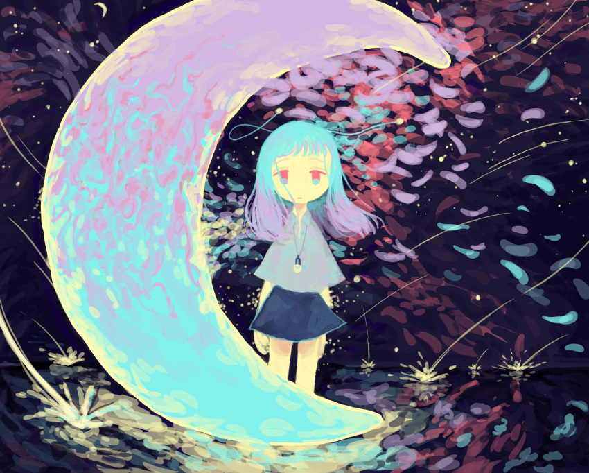 1girl abstract antennae aqua_hair bangs blue_skirt collared_shirt crescent_moon falling_star glowing half-closed_eyes highres long_hair looking_at_viewer moon multicolored_hair no_nose original purple_hair shirt short_sleeves sizucomaru skirt solo star_(sky) two-tone_hair white_shirt yellow_skin