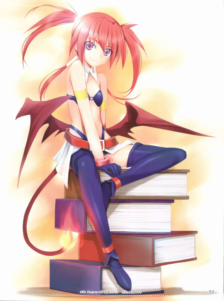 agito_(nanoha) blue_bra blue_legwear book book_stack bra burning demon_girl demon_tail demon_wings highres long_hair looking_at_viewer lyrical_nanoha magical_girl mahou_shoujo_lyrical_nanoha_strikers mikazuki_akira! minigirl purple_eyes quad_tails red_hair solo tail underwear wings