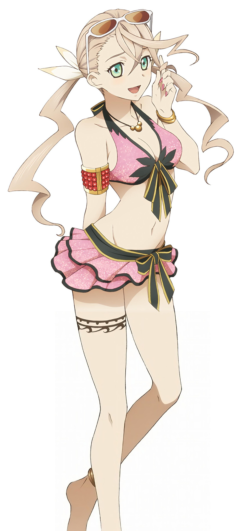 absurdres alisha_diphda alternate_hairstyle armband bikini blonde_hair bracelet breasts cleavage eyewear_on_head full_body glasses green_eyes highres jewelry medium_breasts midriff nail_polish necklace official_art solo swimsuit tales_of_(series) tales_of_zestiria twintails white_background