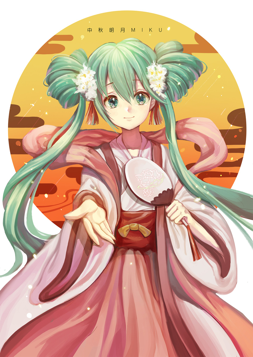 alternate_hairstyle beckoning character_name chinese_clothes chuushuu_meigetsu_miku egasumi fan flower green_eyes green_hair hair_flower hair_ornament hanfu hatsune_miku highres holding holding_fan long_hair long_sleeves looking_at_viewer open_hand outstretched_arm paper_fan sash sem_(honey_sv) shawl smile solo source_request twintails uchiwa very_long_hair vocaloid wide_sleeves