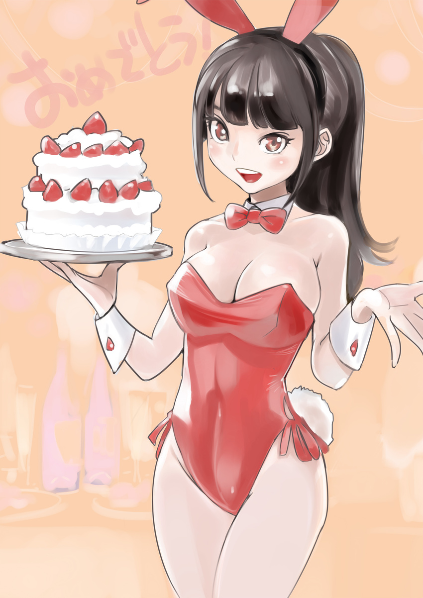 absurdres animal_ears black_hair breasts brown_eyes bunny_ears bunny_tail bunnysuit cake cleavage detached_collar dytm food fruit highres large_breasts long_hair original ponytail solo strawberry tail wrist_cuffs