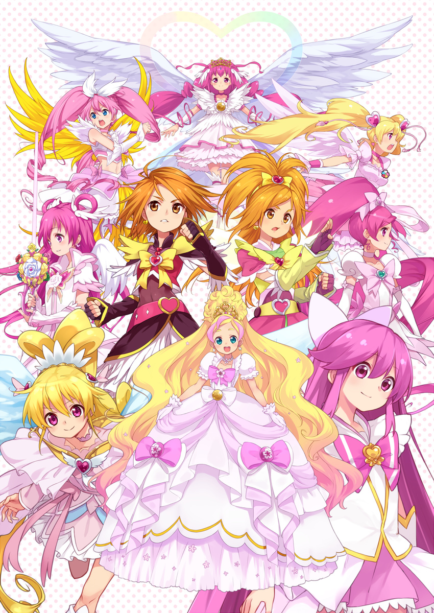 :o aida_mana aino_megumi angel_wings belt black_gloves blonde_hair blue_eyes bow brooch brown_eyes brown_hair chiroru_(7450n) choker color_connection crescendo_cure_melody cure_angel_(fresh_precure!) cure_black cure_bloom cure_blossom cure_dream cure_fleuret cure_flora cure_happy cure_heart cure_heart_parthenon_mode cure_lovely cure_melody cure_peach dokidoki!_precure dress dress_up_premium_(go!_princess_precure) earrings fingerless_gloves flower forever_lovely fresh_precure! frills futari_wa_precure futari_wa_precure_max_heart futari_wa_precure_splash_star gloves go!_princess_precure hair_bow hair_color_connection hair_ornament hair_rings hanasaki_tsubomi happinesscharge_precure! haruno_haruka heart heart_hair_ornament heartcatch_precure! highres hoshizora_miyuki houjou_hibiki hyuuga_saki jewelry long_hair magical_girl misumi_nagisa mode_elegant_(go!_princess_precure) momozono_love multicolored_hair multiple_girls phoenix_form_(futari_wa_precure) pink_bow pink_choker pink_eyes pink_hair pink_skirt ponytail precure precure_all_stars rapier shining_dream short_hair skirt smile smile_precure! streaked_hair suite_precure super_silhouette_(heartcatch_precure!) sword tiara trait_connection twintails two-tone_hair ultra_cure_happy weapon white_dress white_gloves white_wings wide_ponytail wings wrist_cuffs yellow_bow yellow_wings yes!_precure_5 yumehara_nozomi