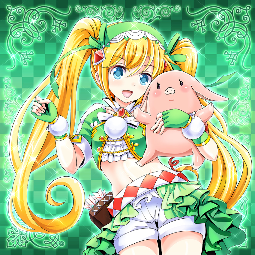 :d animal blonde_hair blue_eyes fingerless_gloves gloves green_background green_gloves hairband highres holding holding_animal long_hair looking_at_viewer midriff navel open_mouth pig popo_(stella_glow) quiver shorts smile standing stella_glow tk8d32 twintails